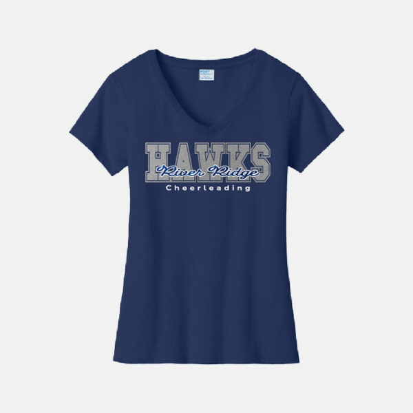 TCYFL Hawks Cheer Block Script Women's V-Neck Shirt | View: Front | Color: Navy