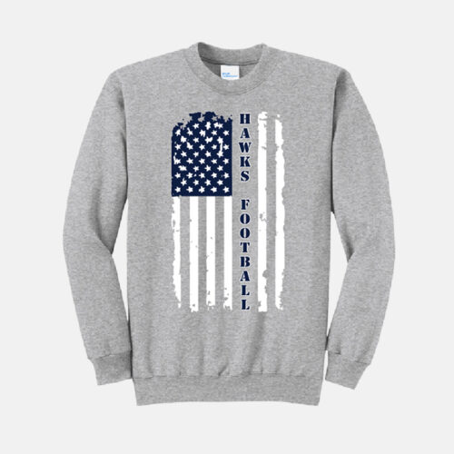 TCYFL Hawks Football US Flag Crewneck Sweatshirt | View: Front | Color: Heather Gray
