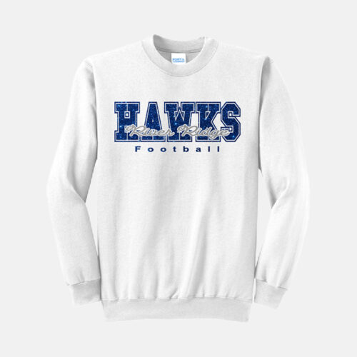 TCYFL Hawks Football Block Script Sparkle Crewneck Sweatshirt | View: Front | Color: White