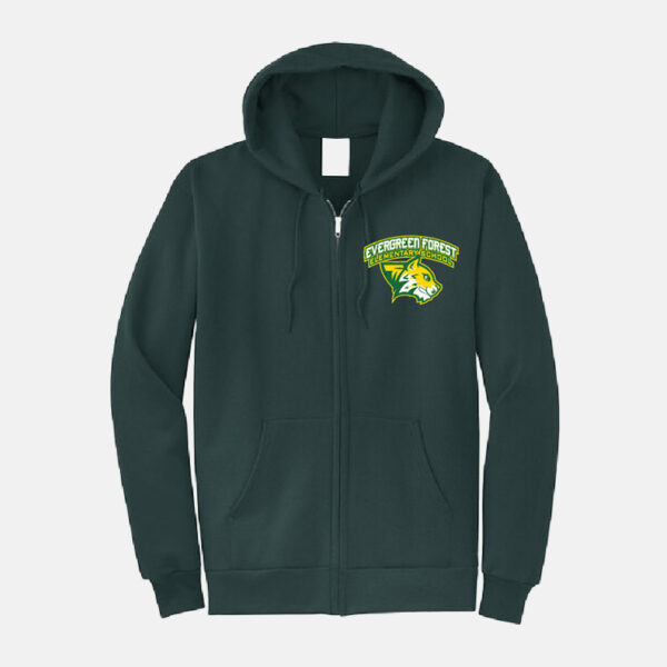 Evergreen Forest Elementary Full Zip Hoodie | View: Front | Color: Forest Green