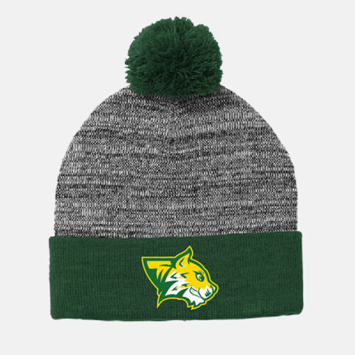Evergreen Forest Elementary Pom Beanie | View: Front | Color: Heather Gray and Forest Green