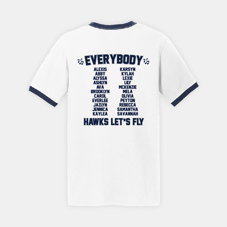 River Ridge High School Cheer Nationals Ringer Shirt | View: Back | Color: White