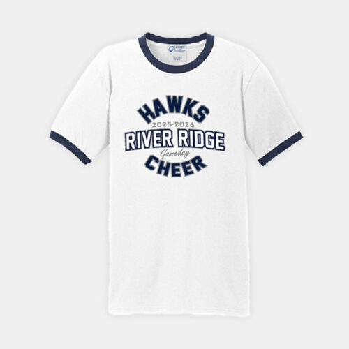 River Ridge High School Cheer Nationals Ringer Shirt | View: Front | Color: White