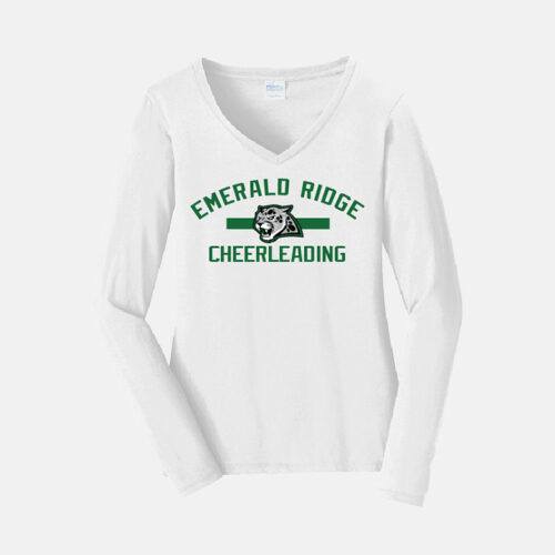 Emerald Ridge High School Cheer V-Neck Long Sleeve Shirt | View: Front | Color: White