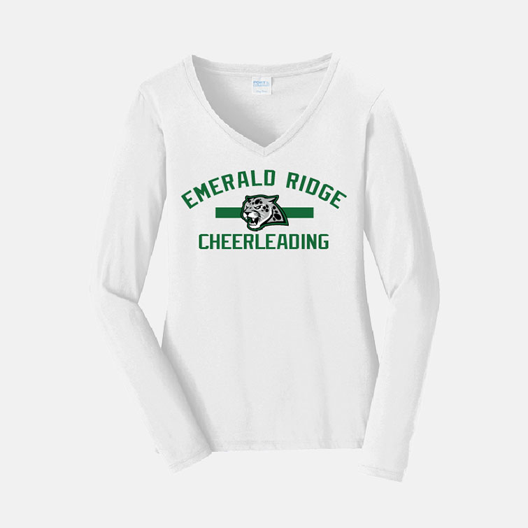 Emerald Ridge High School Cheer V-Neck Long Sleeve Shirt | View: Front | Color: White
