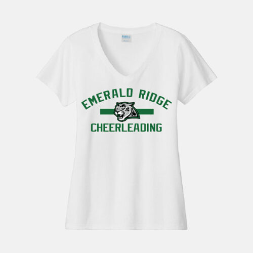 Emerald Ridge High School Cheer V-Neck Shirt | View: Front | Color: White